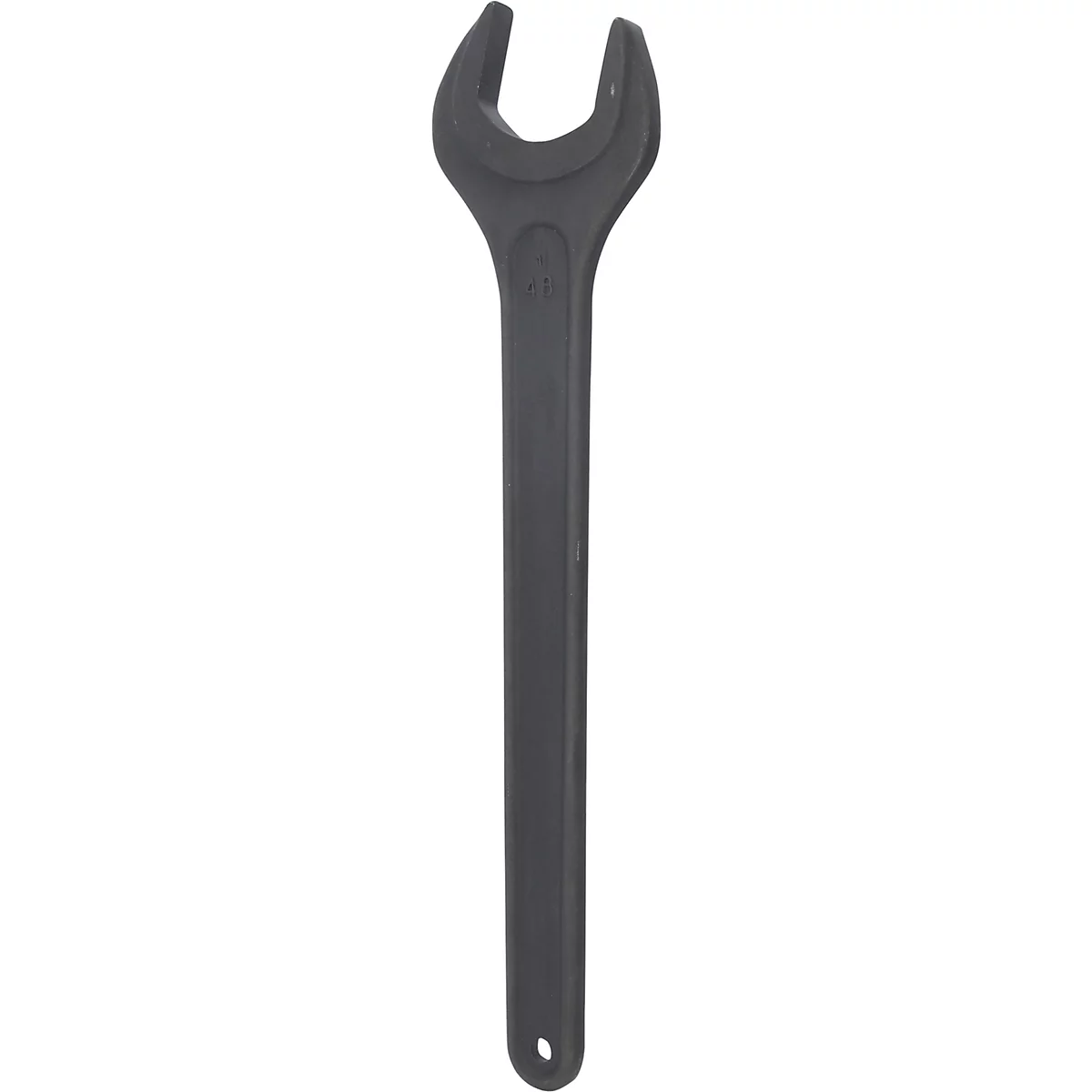 Ein dunkelgrauer Ringschlüssel vor weißem Hintergrund. Der Schlüssel hat eine ungewöhnliche Form.